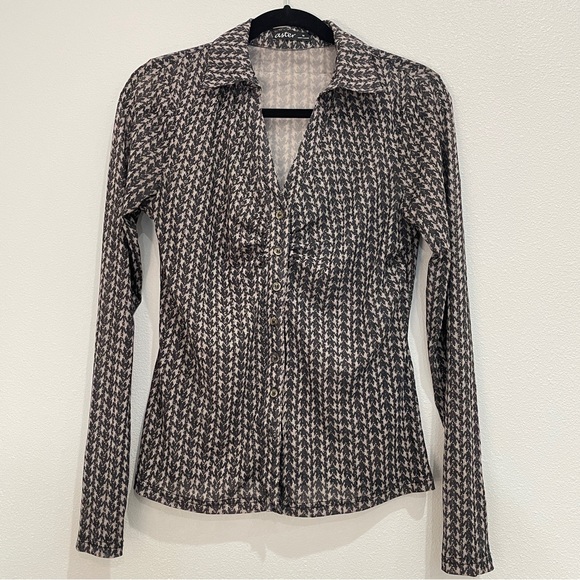 Aster Tops - Aster Junior Size‎ M Sheer Houndstooth Gold Metallic Ruched Button Down Blouse